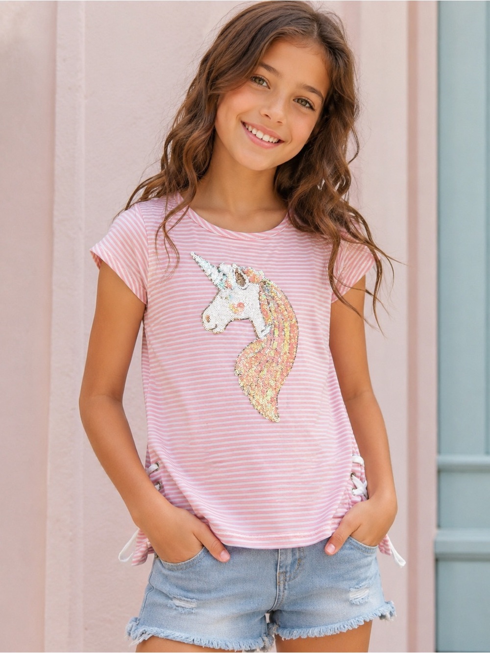 Between Girls Size 10 Pink Stripe Unicorn Sequin Top